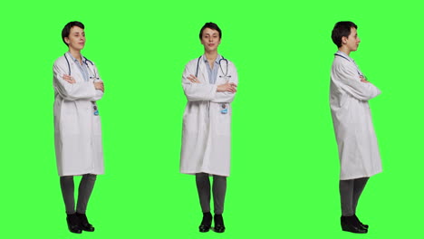 Portrait-of-successful-physician-standing-with-arms-crossed-against-greenscreen